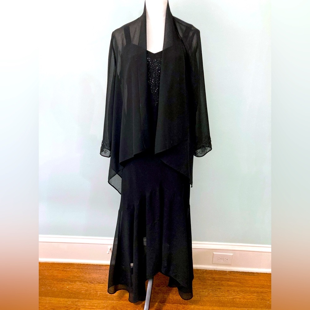 COLDWATER CREEK Beaded Black Sleeveless Long Dress With Matching Sheer Jacket